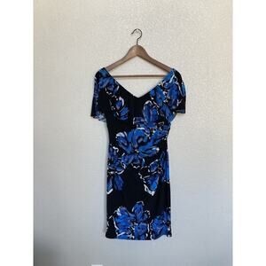NEW Lauren Ralph Lauren Ruffle Overlay Black And Blue Sheath Dress Size 6